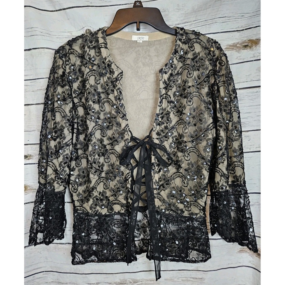 Cache Vintage Black Lace Sequin Corset Jacket L Witchy Whimsigoth 90's Y2K